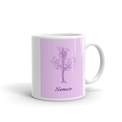 drawing of fit woman doing yoga on purple background Mug says Namaste