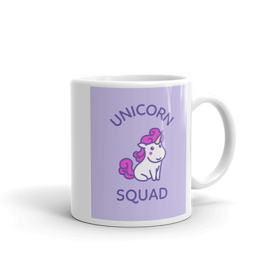 MUG WITH TINY UNICORN ON PURPLE BACKGROUND READS UNICORN SQUAD