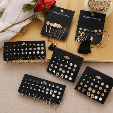 EN 12 Pairs Pearl Crystal Stud Boho Geometric Tassel Earrings For Women