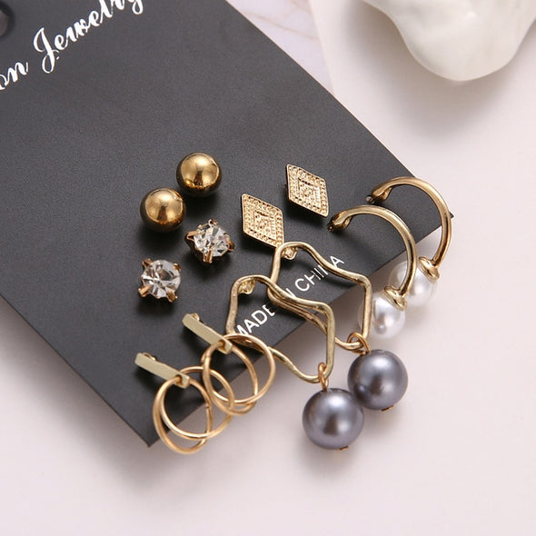 EN 12 Pairs Pearl Crystal Stud Boho Geometric Tassel Earrings For Women