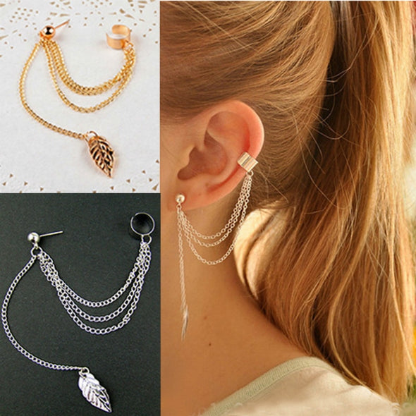 1pcs Metal Ear Clip Leaf Tassel Earrings for Women